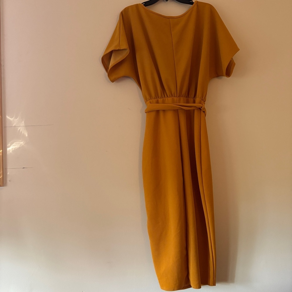 Fashion Nova Mustard Yellow Belted Midi Dress Medium Side Slit Tie Waist - Picture 2 of 4